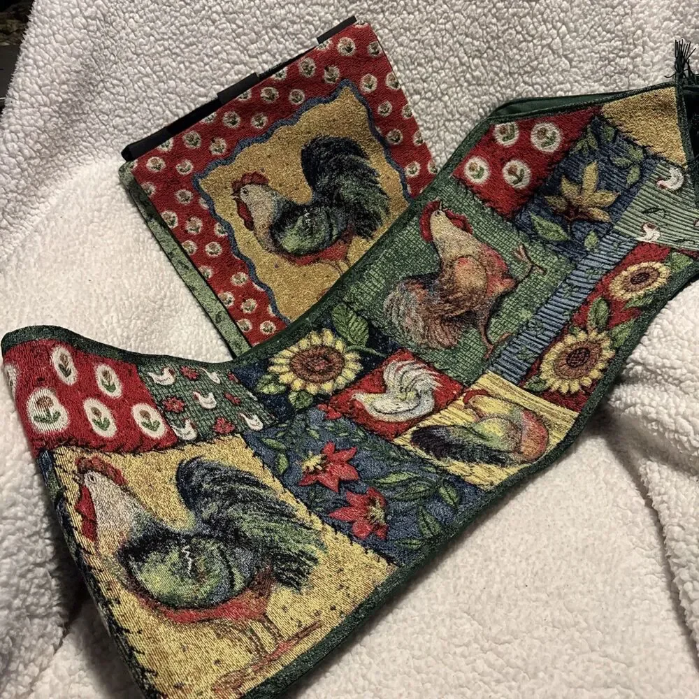 Vintage Susan Winget Rooster Tapestry Wall Hanging & Table Runner Set Sunflowers